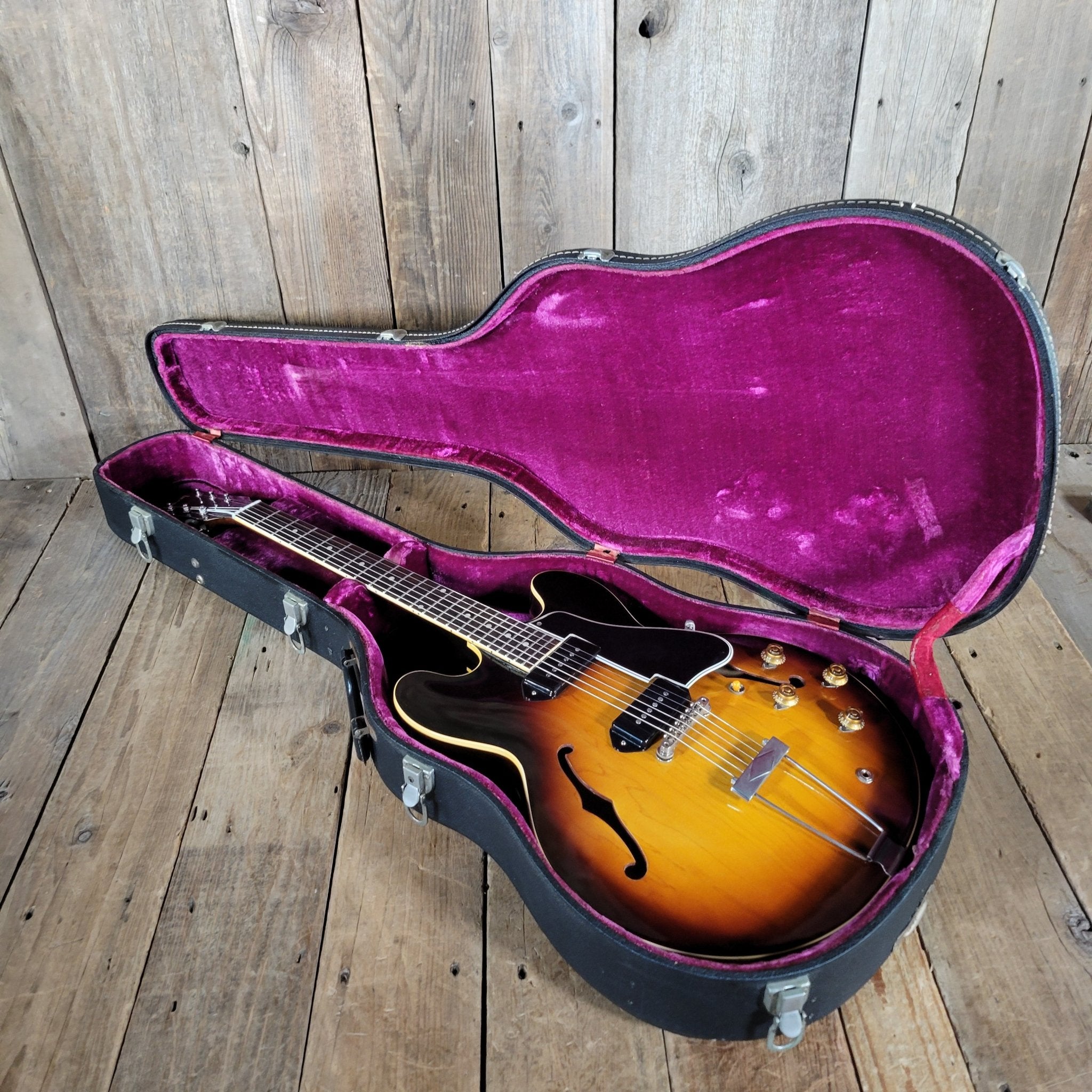 Gibson ES - 335 ES - 330 ES - 345 Hard Case 1960s Black with Purple Lining - Mahar's Vintage Guitars
