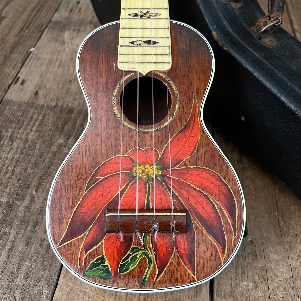 Rare 1930s "The Gibson" Poinsettia Ukulele – Hand - Painted Style 3 Soprano with Floral Motif 1926 - 1929 - Mahar's Vintage Guitars