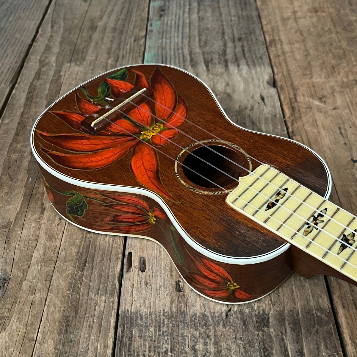 Rare 1930s "The Gibson" Poinsettia Ukulele – Hand - Painted Style 3 Soprano with Floral Motif 1926 - 1929 - Mahar's Vintage Guitars