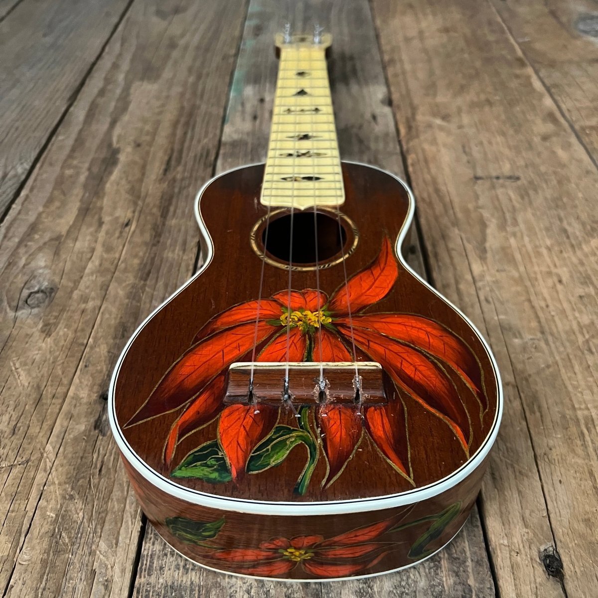 Rare 1930s "The Gibson" Poinsettia Ukulele – Hand - Painted Style 3 Soprano with Floral Motif 1926 - 1929 - Mahar's Vintage Guitars