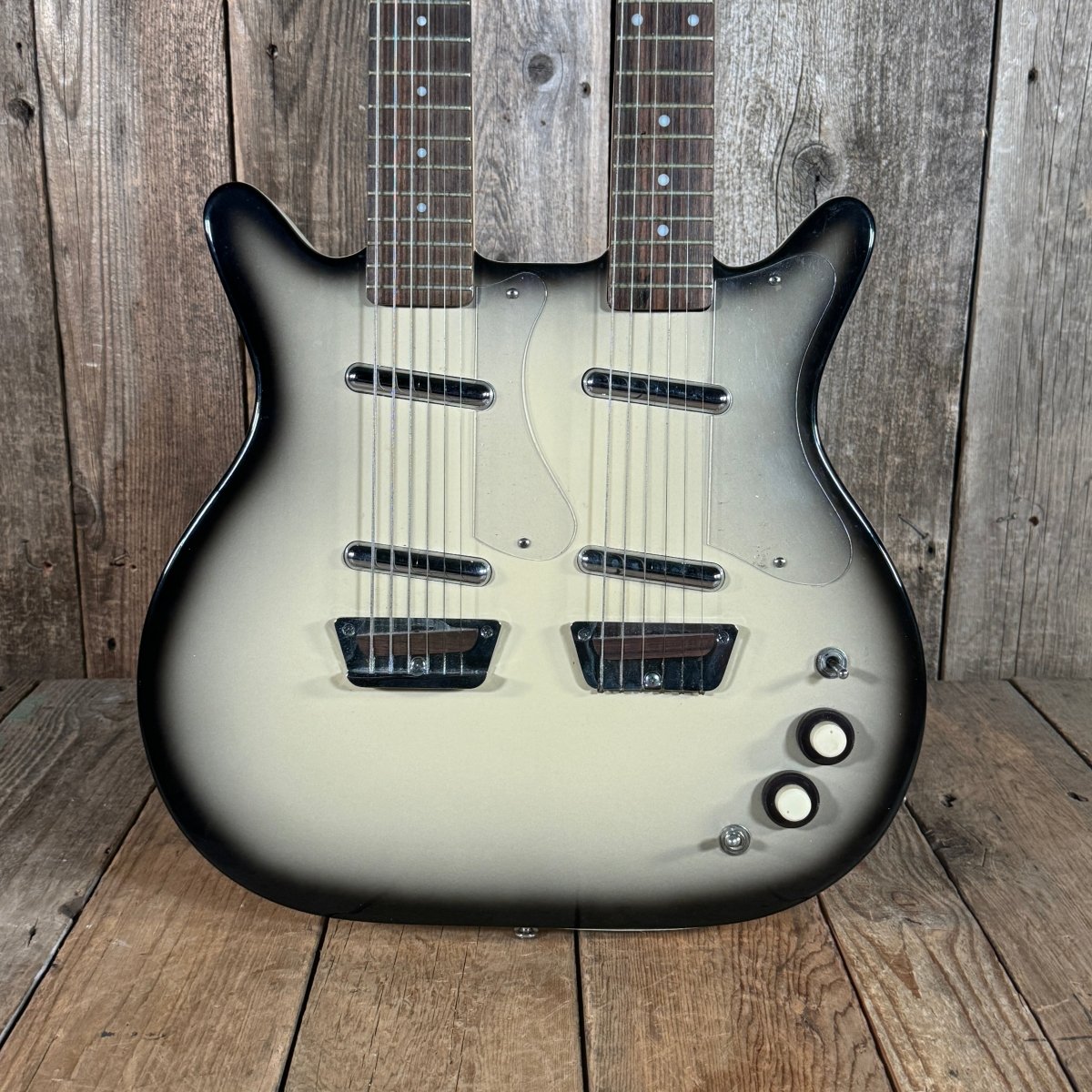 SOLD - Danelectro Double Neck Baritone and Guitar 2001 Black Burst with Case - Mahar's Vintage Guitars