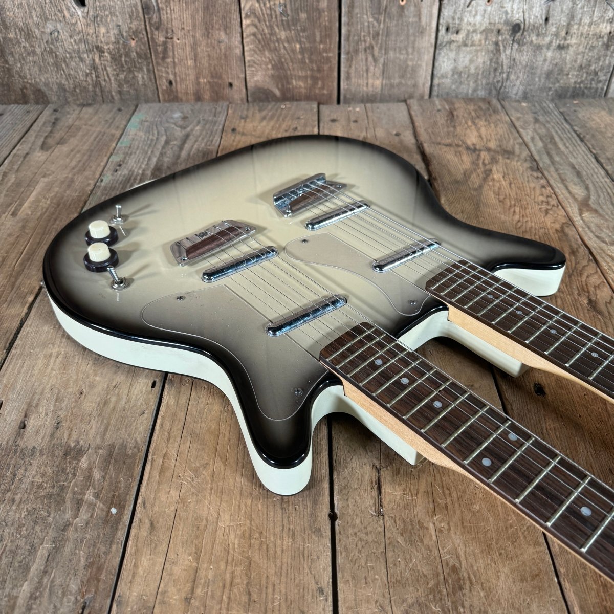 SOLD - Danelectro Double Neck Baritone and Guitar 2001 Black Burst with Case - Mahar's Vintage Guitars