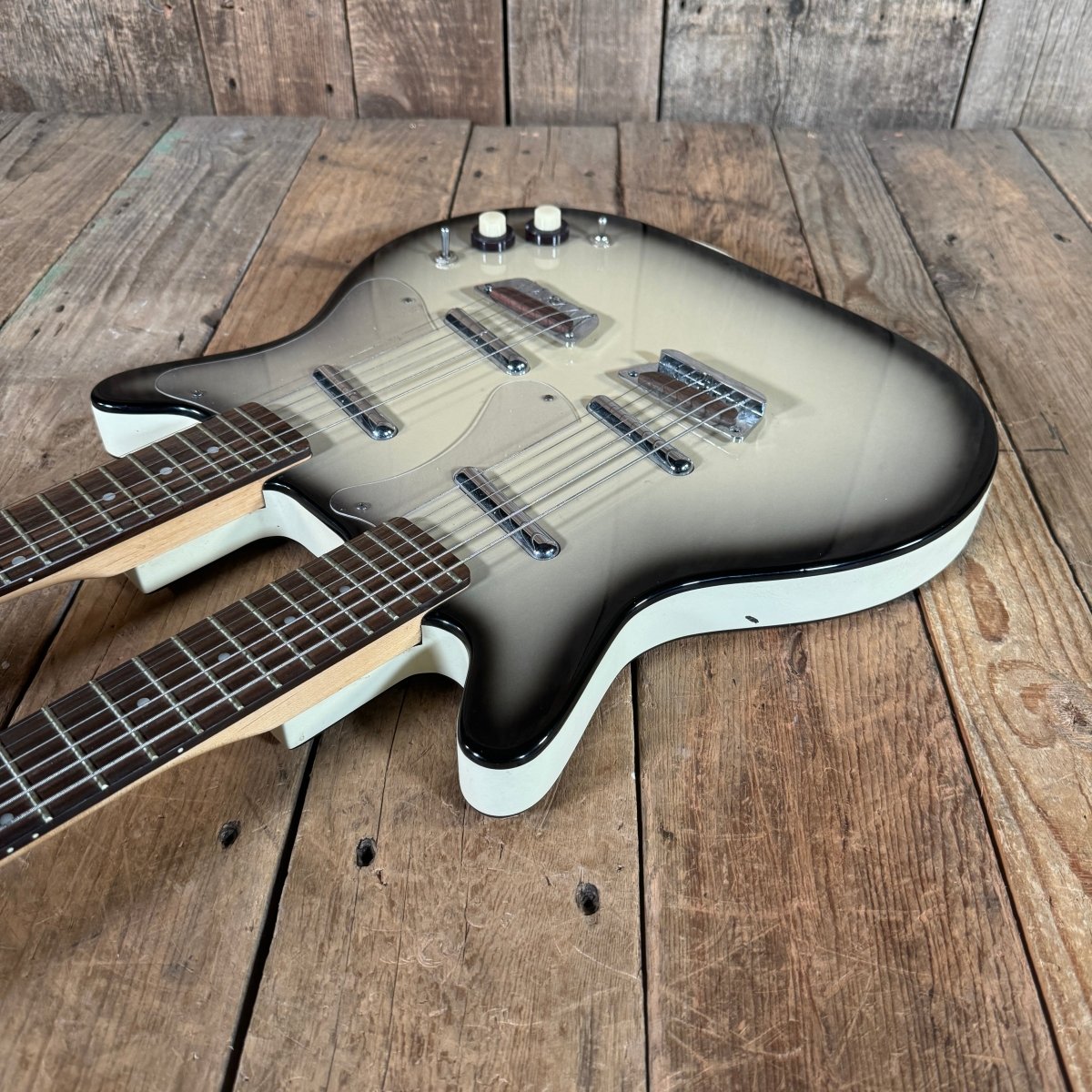 SOLD - Danelectro Double Neck Baritone and Guitar 2001 Black Burst with Case - Mahar's Vintage Guitars