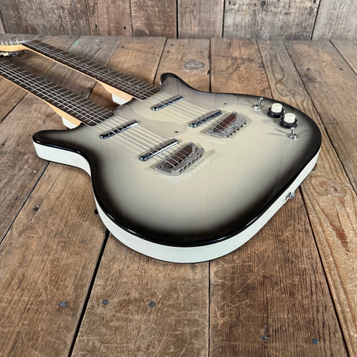 SOLD - Danelectro Double Neck Baritone and Guitar 2001 Black Burst with Case - Mahar's Vintage Guitars