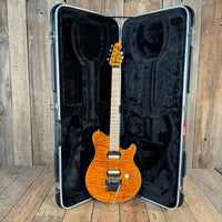 SOLD - Ernie Ball Music Man Axis Quilt Top With Matching Headstock 2020 Trans Gold Flame - Mahar's Vintage Guitars