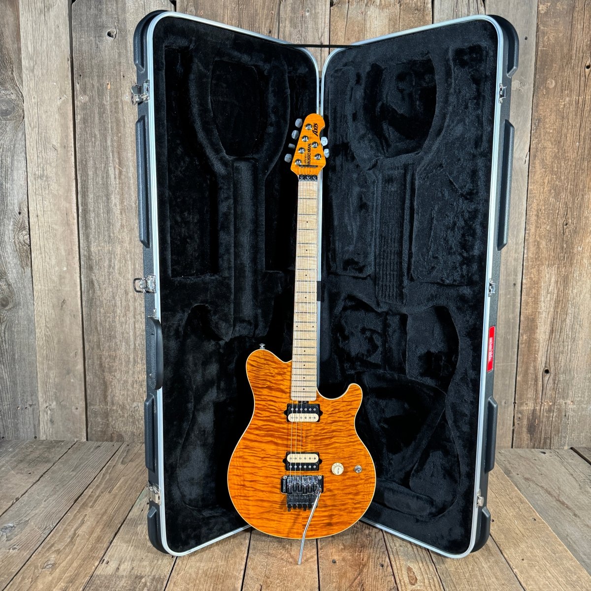 SOLD - Ernie Ball Music Man Axis Quilt Top With Matching Headstock 2020 Trans Gold Flame - Mahar's Vintage Guitars