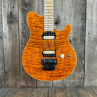 SOLD - Ernie Ball Music Man Axis Quilt Top With Matching Headstock 2020 Trans Gold Flame - Mahar's Vintage Guitars