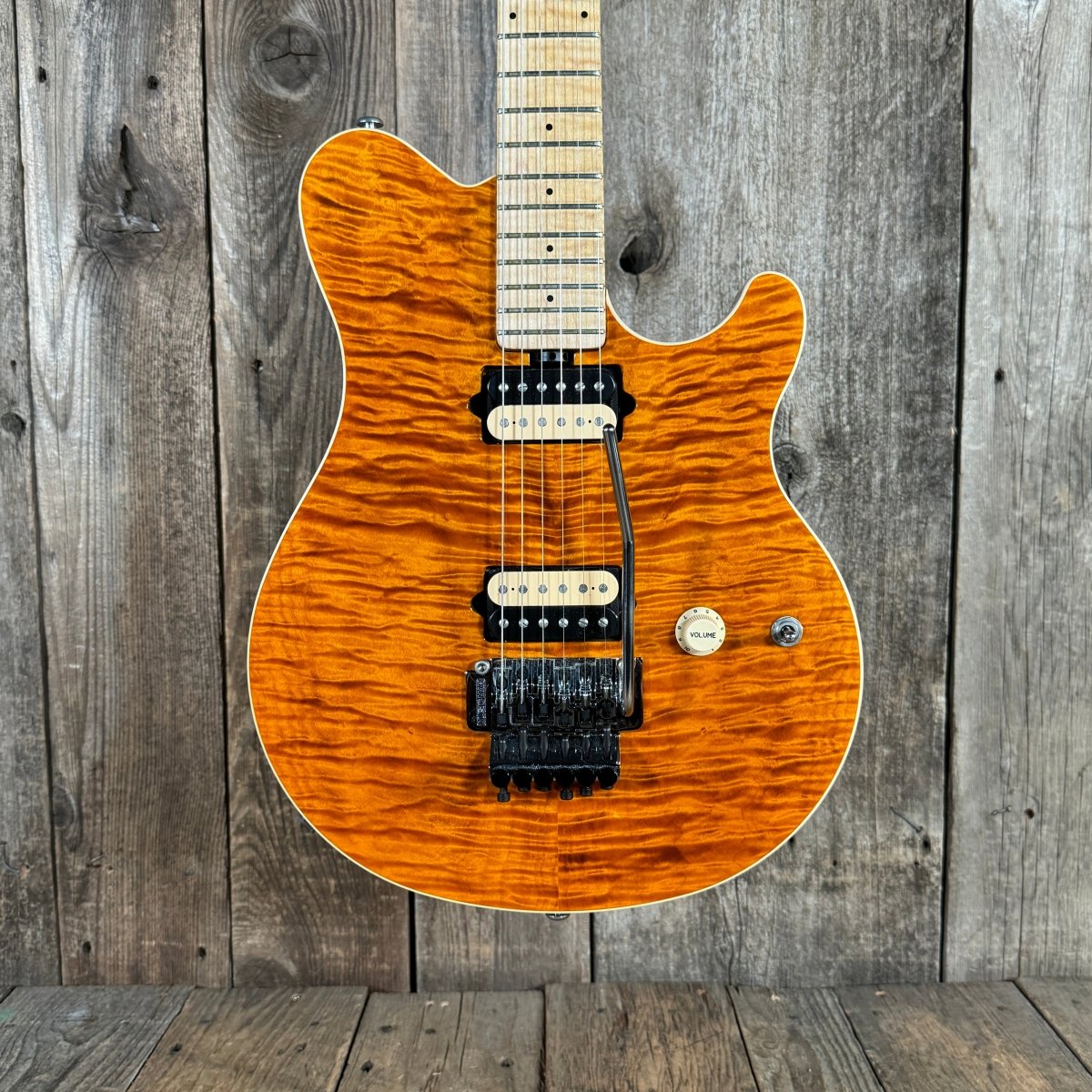 SOLD - Ernie Ball Music Man Axis Quilt Top With Matching Headstock 2020 Trans Gold Flame - Mahar's Vintage Guitars
