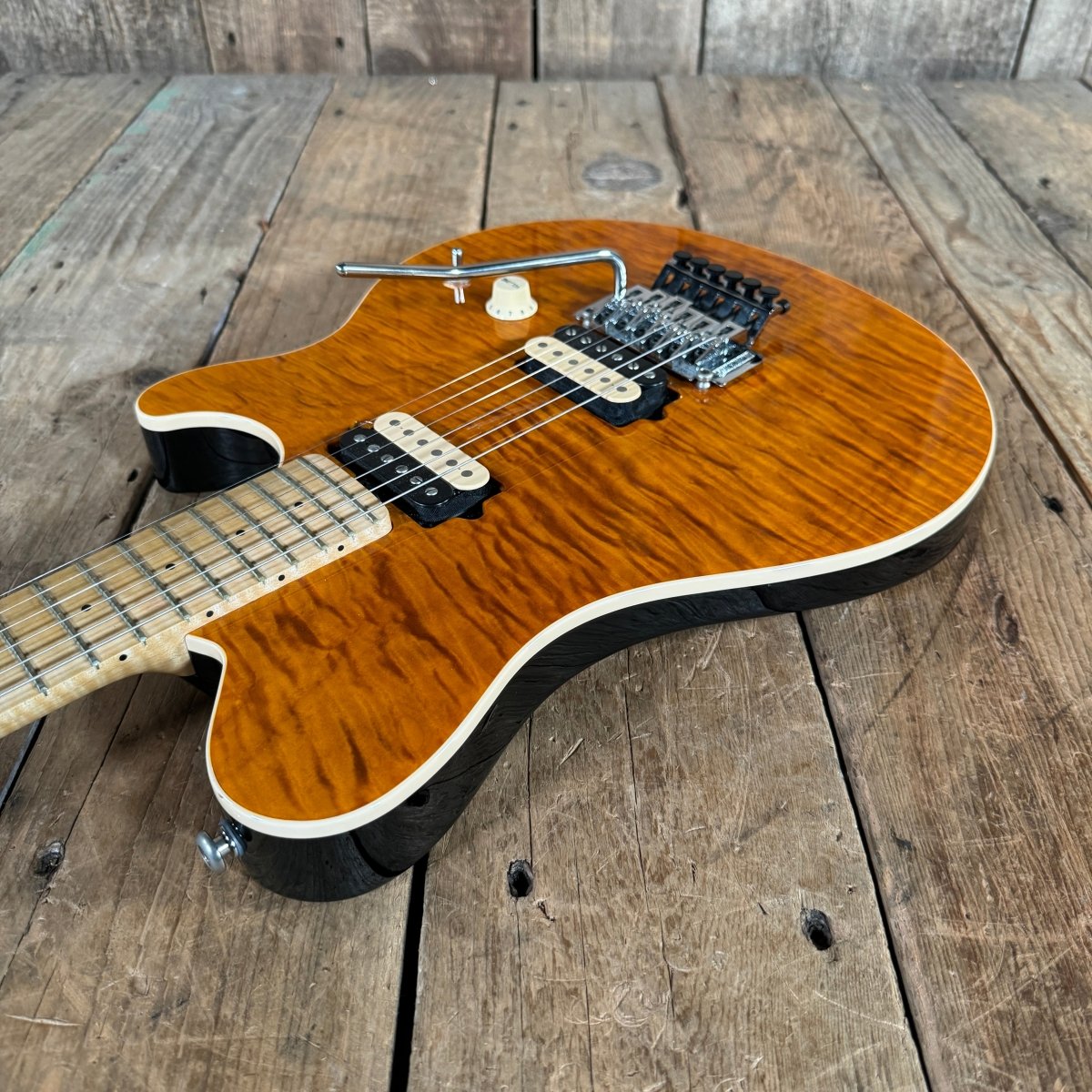 SOLD - Ernie Ball Music Man Axis Quilt Top With Matching Headstock 2020 Trans Gold Flame - Mahar's Vintage Guitars