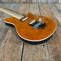 SOLD - Ernie Ball Music Man Axis Quilt Top With Matching Headstock 2020 Trans Gold Flame - Mahar's Vintage Guitars