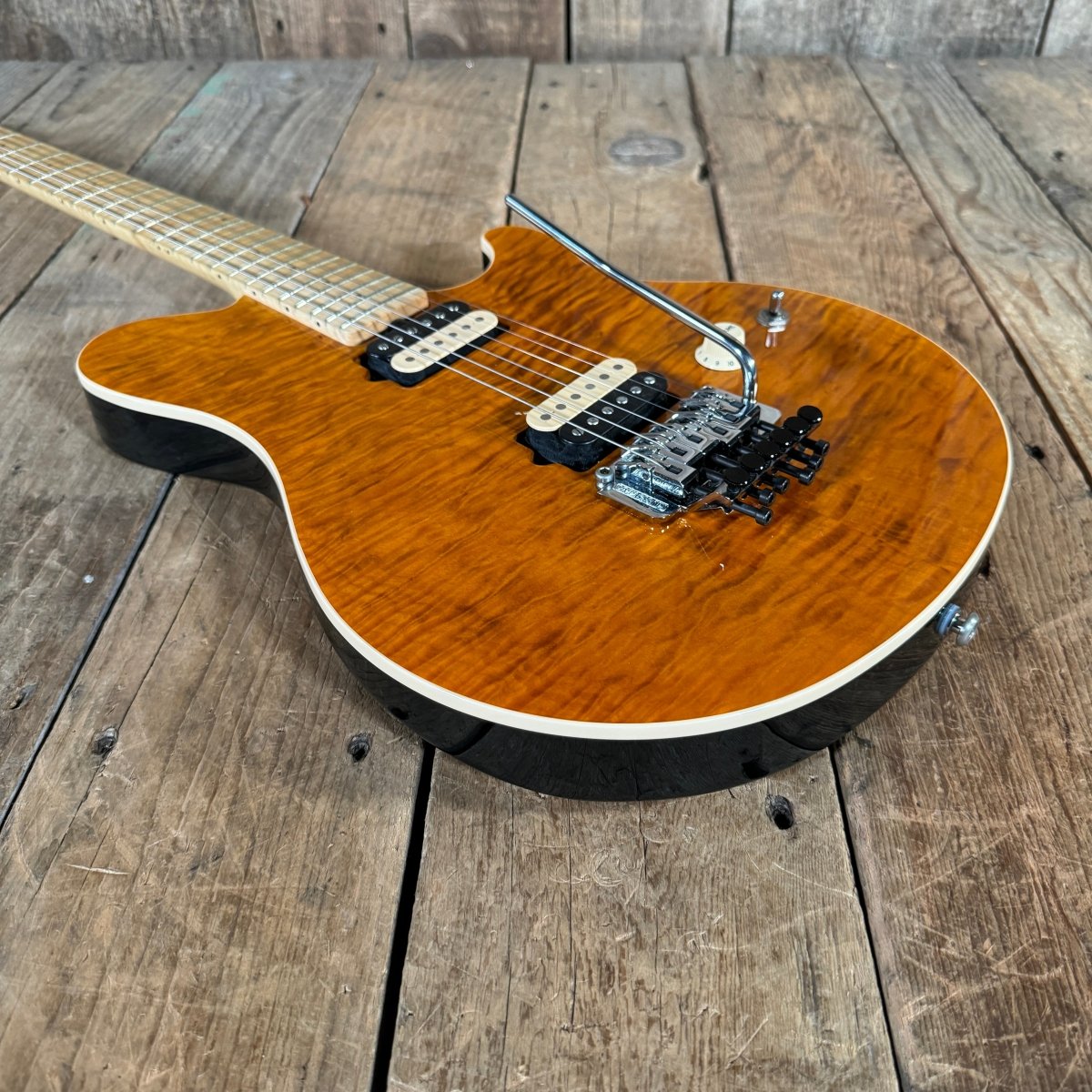 SOLD - Ernie Ball Music Man Axis Quilt Top With Matching Headstock 2020 Trans Gold Flame - Mahar's Vintage Guitars