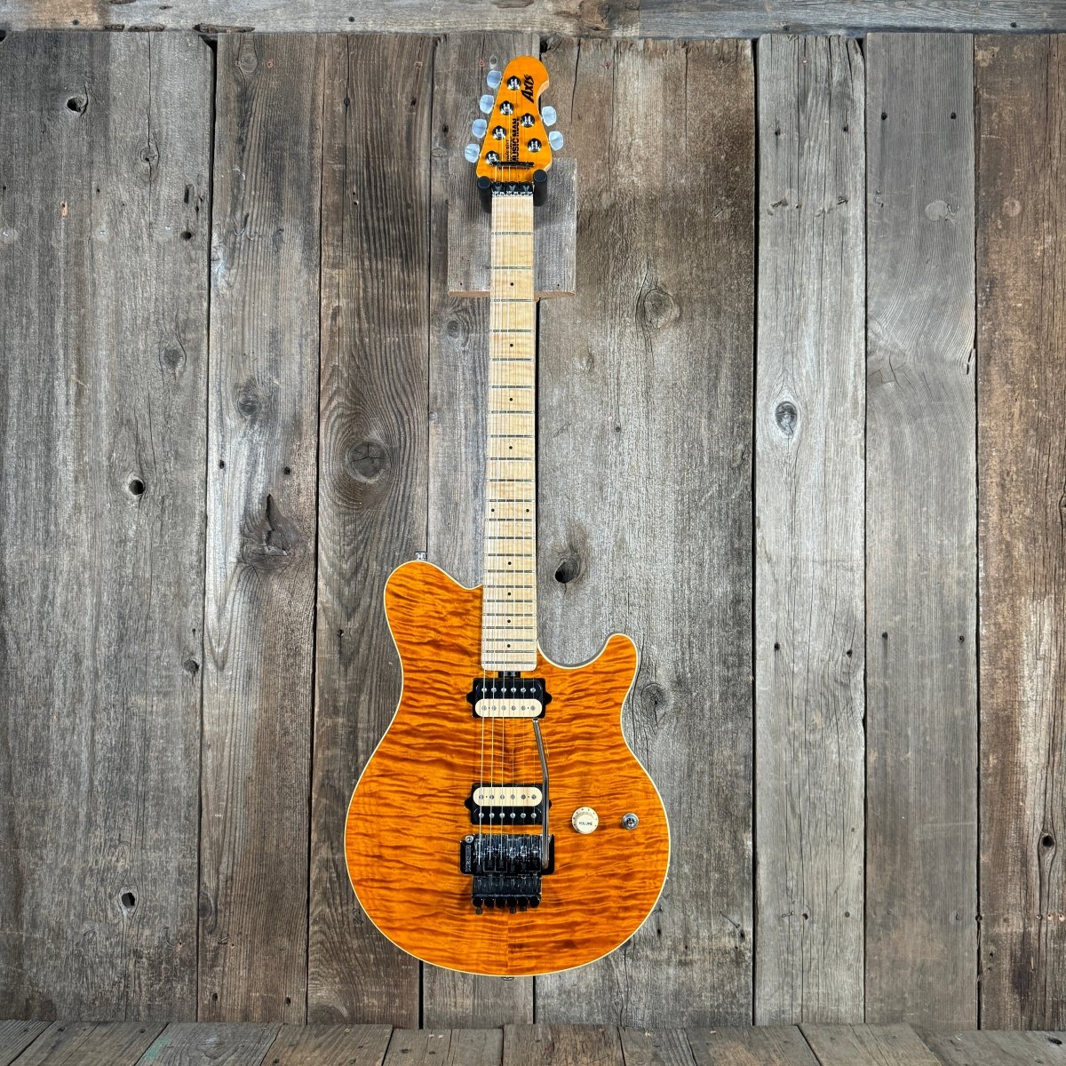 SOLD - Ernie Ball Music Man Axis Quilt Top With Matching Headstock 2020 Trans Gold Flame - Mahar's Vintage Guitars