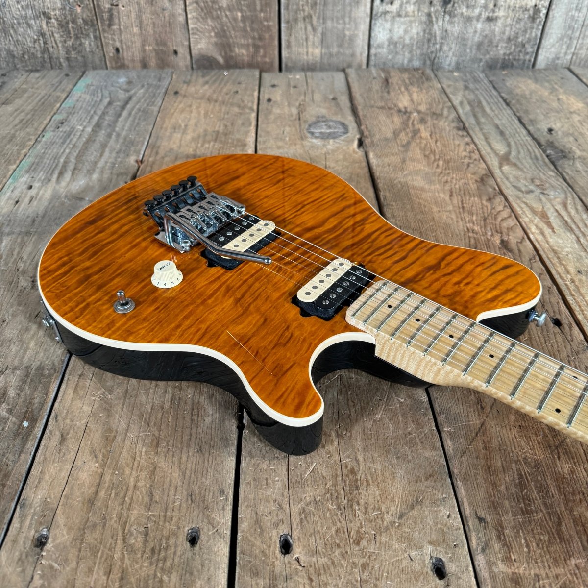 SOLD - Ernie Ball Music Man Axis Quilt Top With Matching Headstock 2020 Trans Gold Flame - Mahar's Vintage Guitars