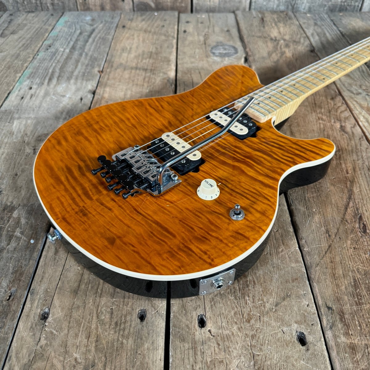 SOLD - Ernie Ball Music Man Axis Quilt Top With Matching Headstock 2020 Trans Gold Flame - Mahar's Vintage Guitars