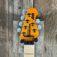 SOLD - Ernie Ball Music Man Axis Quilt Top With Matching Headstock 2020 Trans Gold Flame - Mahar's Vintage Guitars