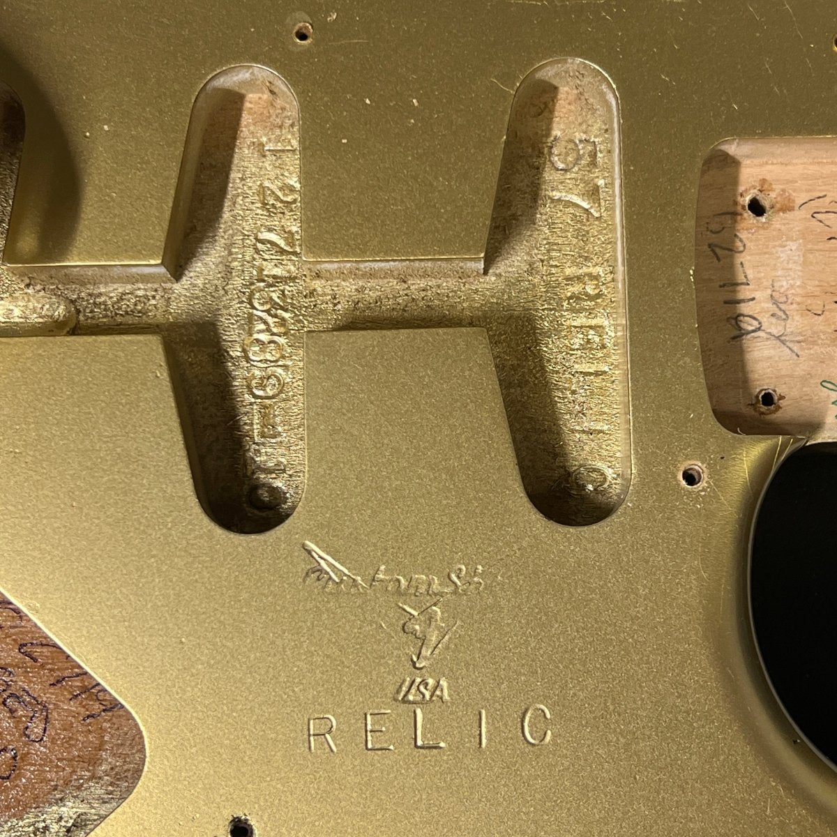 SOLD - Fender 1957 Strat Relic Aged HLE 2022 Gold Relic 7.5 lbs! - Mahar's Vintage Guitars