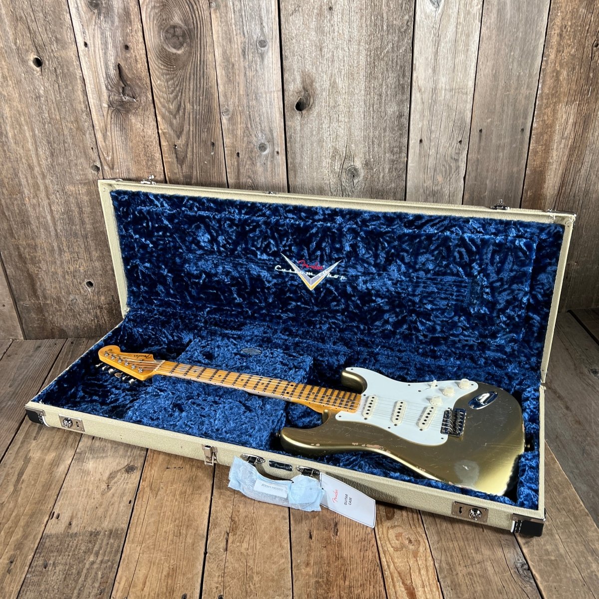 SOLD - Fender 1957 Strat Relic Aged HLE 2022 Gold Relic 7.5 lbs! - Mahar's Vintage Guitars