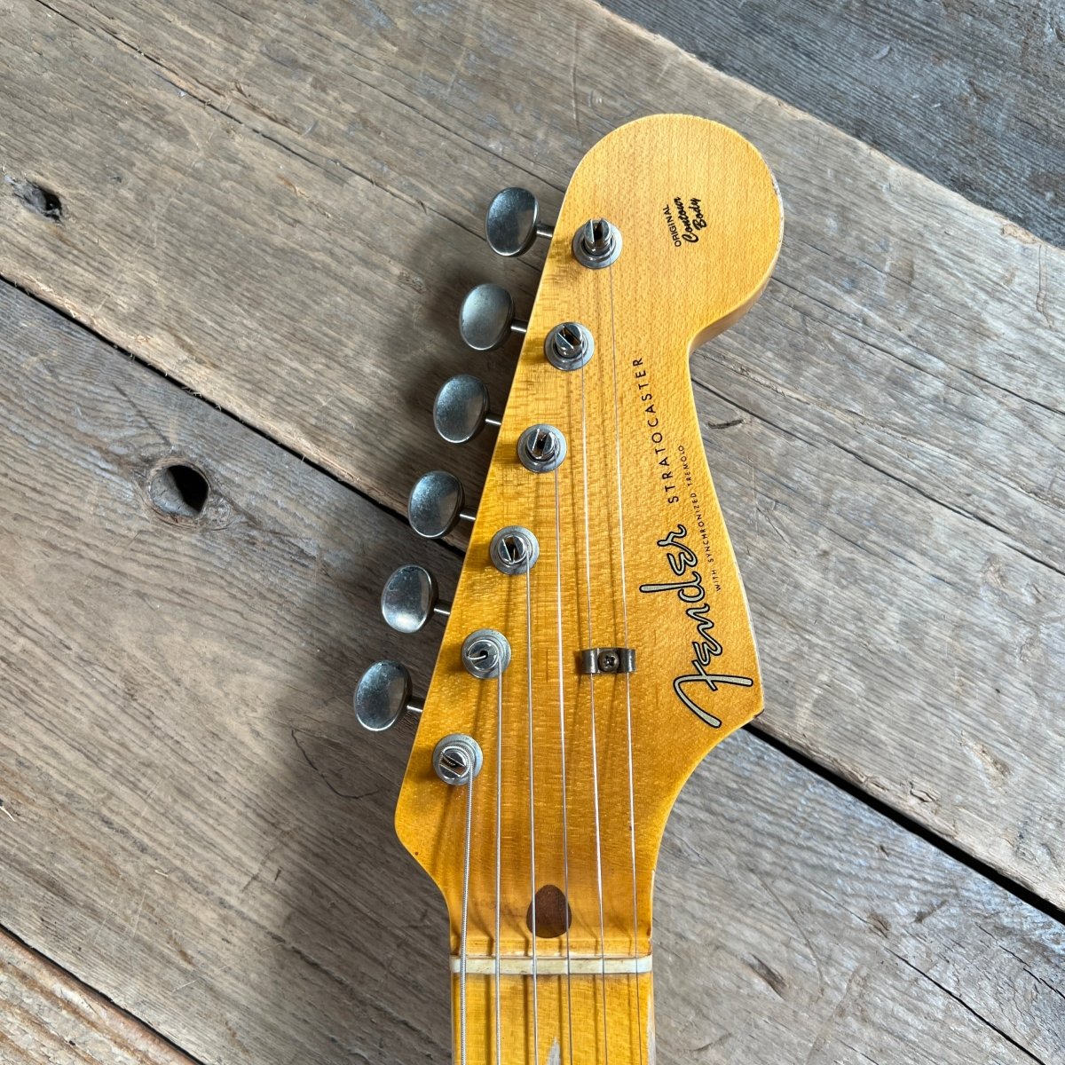 SOLD - Fender 1957 Strat Relic Aged HLE 2022 Gold Relic 7.5 lbs! - Mahar's Vintage Guitars