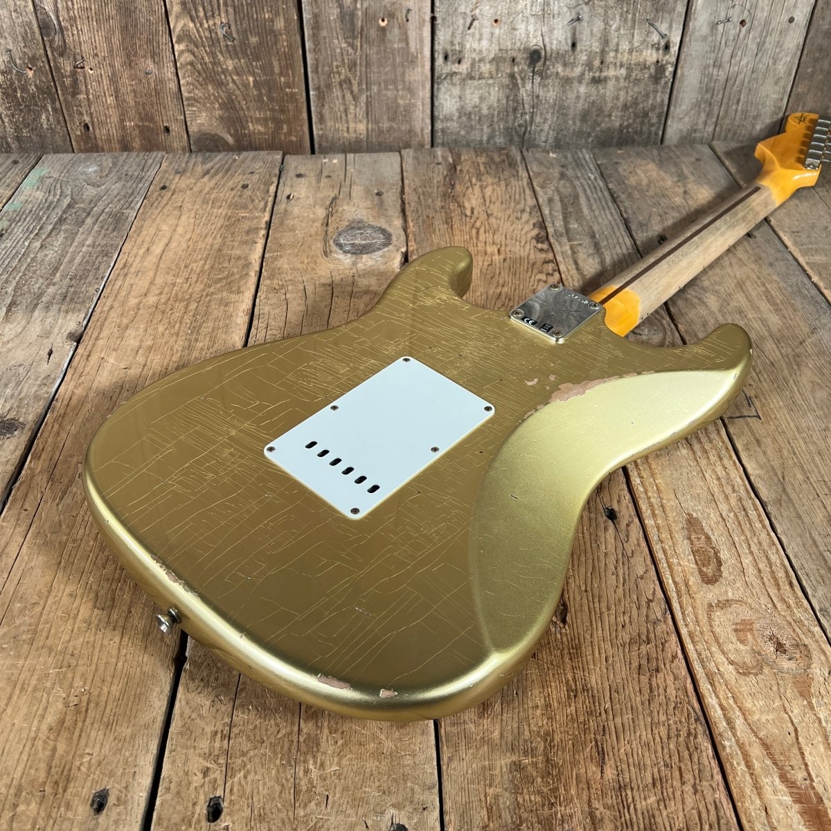 SOLD - Fender 1957 Strat Relic Aged HLE 2022 Gold Relic 7.5 lbs! - Mahar's Vintage Guitars