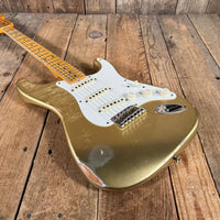 SOLD - Fender 1957 Strat Relic Aged HLE 2022 Gold Relic 7.5 lbs! - Mahar's Vintage Guitars