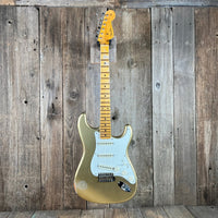 SOLD - Fender 1957 Strat Relic Aged HLE 2022 Gold Relic 7.5 lbs! - Mahar's Vintage Guitars