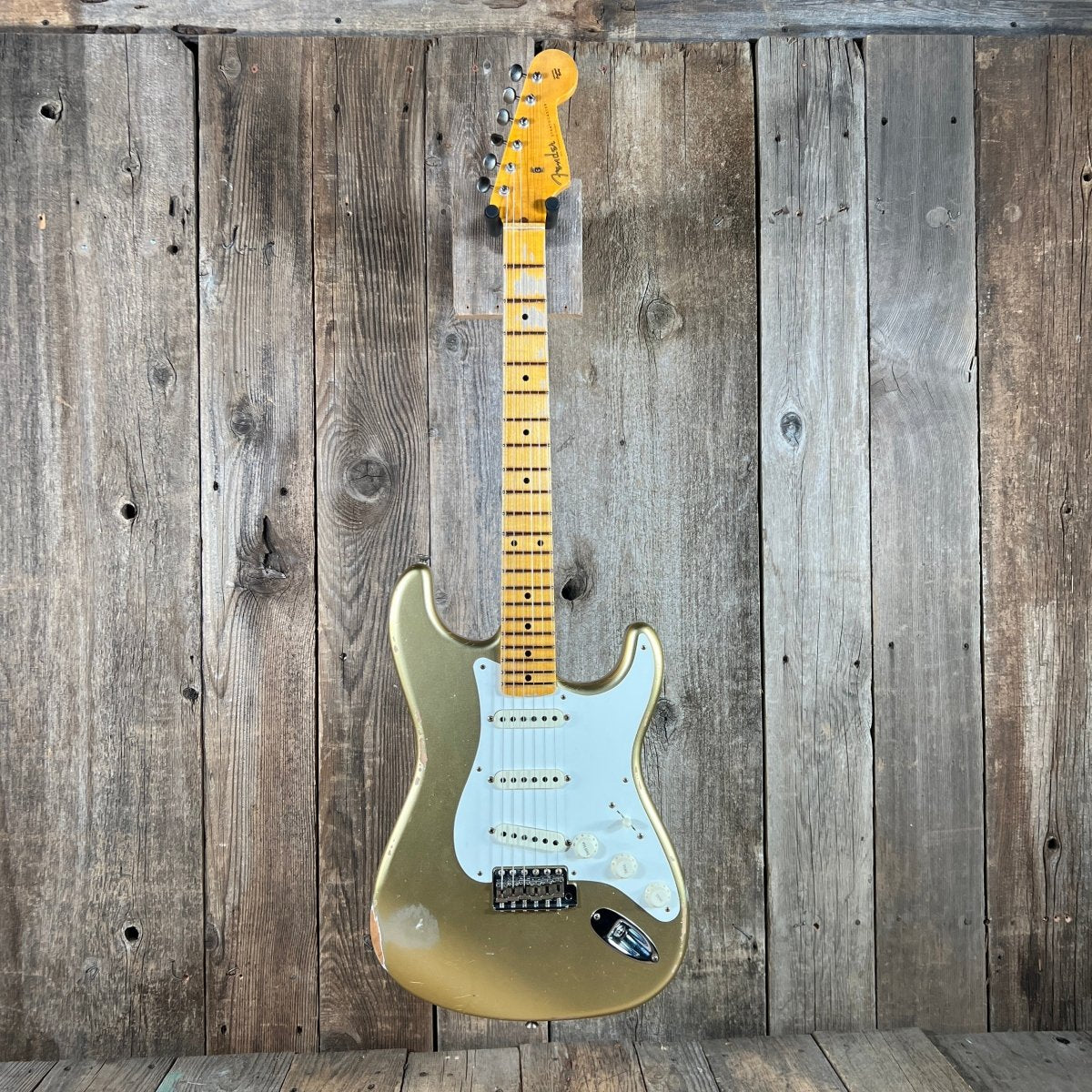 SOLD - Fender 1957 Strat Relic Aged HLE 2022 Gold Relic 7.5 lbs! - Mahar's Vintage Guitars