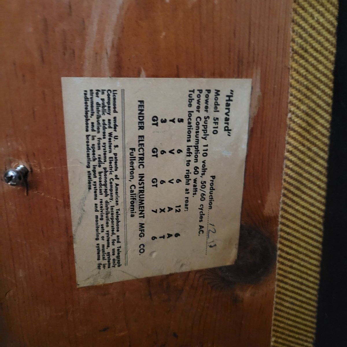 SOLD - Fender Harvard 5F10 1960 Vintage Tweed Amp - Mahar's Vintage Guitars