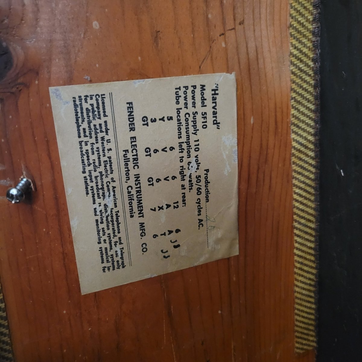 SOLD - Fender Harvard 5F10 Tweed Amp October 1960 - Mahar's Vintage Guitars