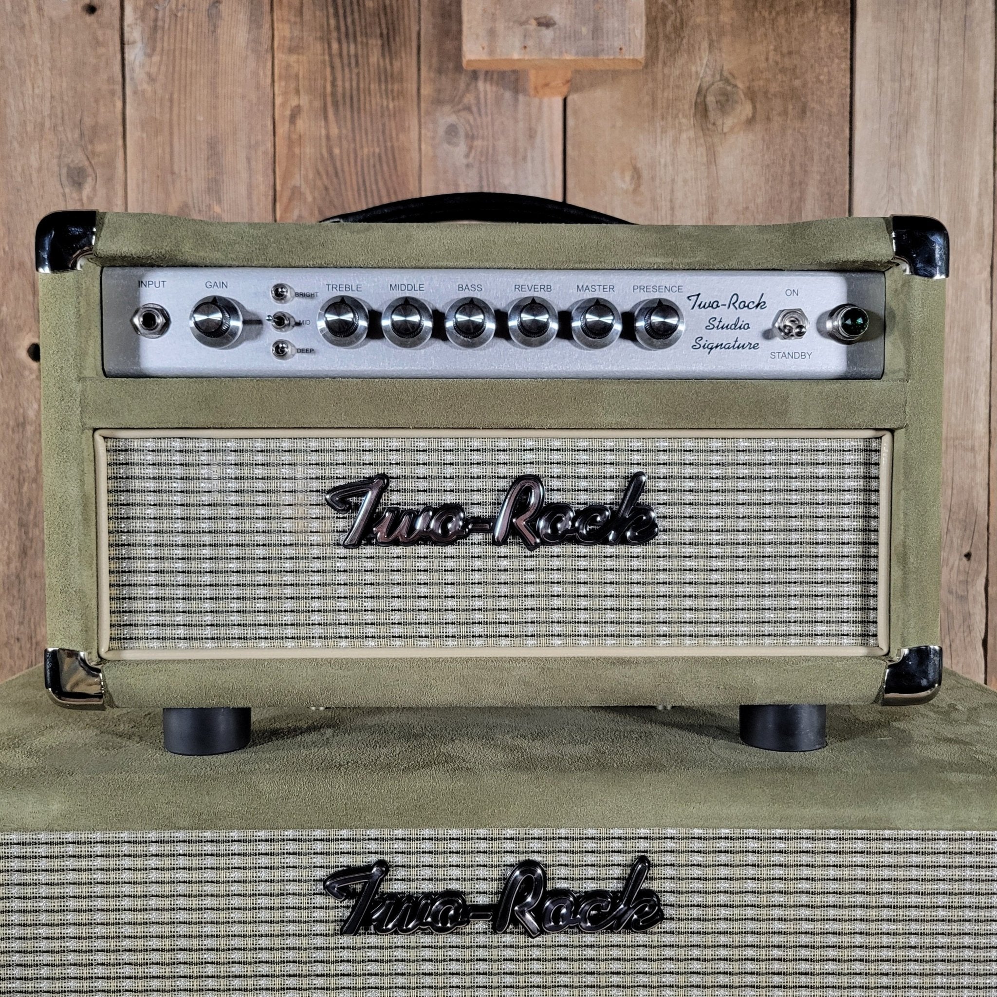Two Rock NEW Studio Signature head and 1x12 open back cabinet, silver anodize, moss green suede, vintage beige cloth NEW 2025 - Mahar's Vintage Guitars