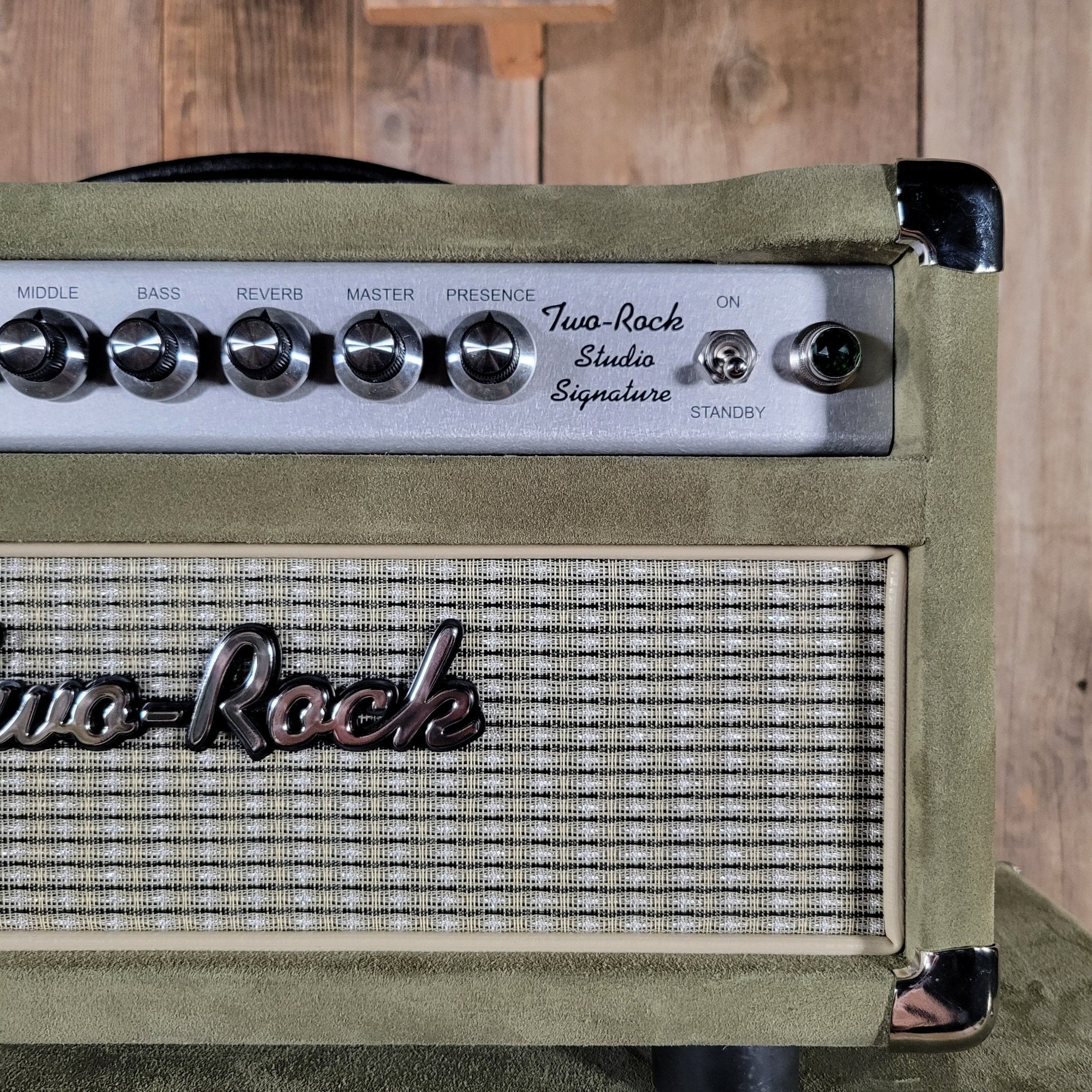 Two Rock NEW Studio Signature head and 1x12 open back cabinet, silver anodize, moss green suede, vintage beige cloth NEW 2025 - Mahar's Vintage Guitars