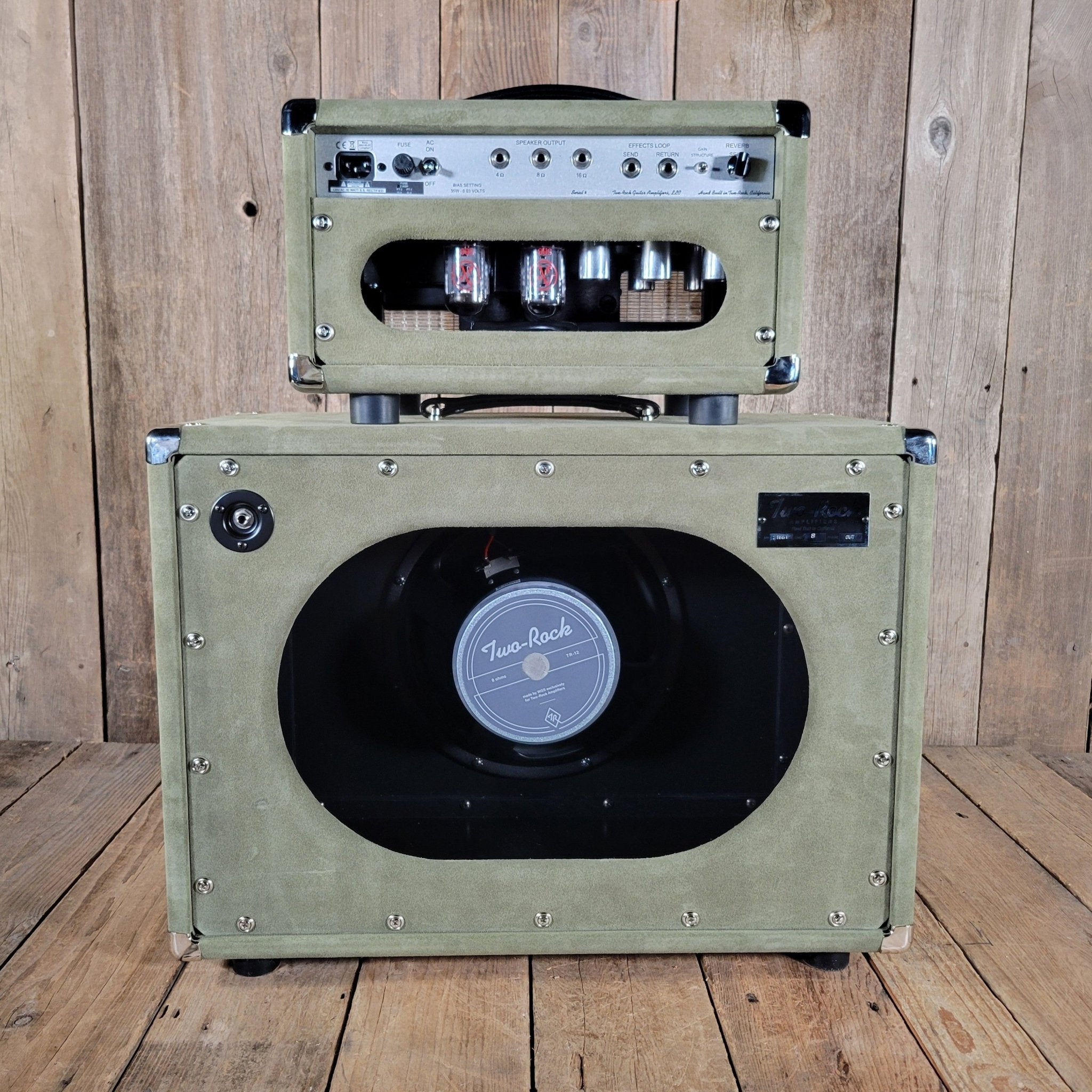 Two Rock NEW Studio Signature head and 1x12 open back cabinet, silver anodize, moss green suede, vintage beige cloth NEW 2025 - Mahar's Vintage Guitars
