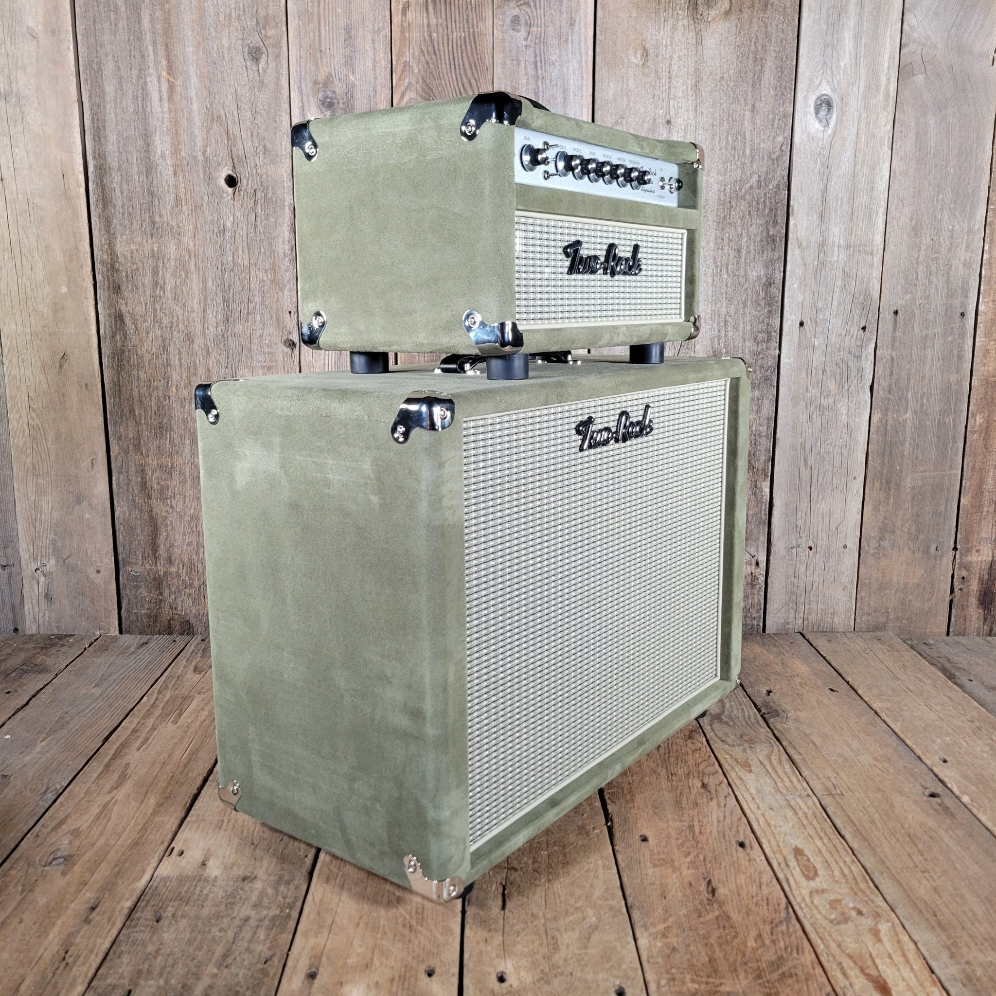 Two Rock NEW Studio Signature head and 1x12 open back cabinet, silver anodize, moss green suede, vintage beige cloth NEW 2025 - Mahar's Vintage Guitars