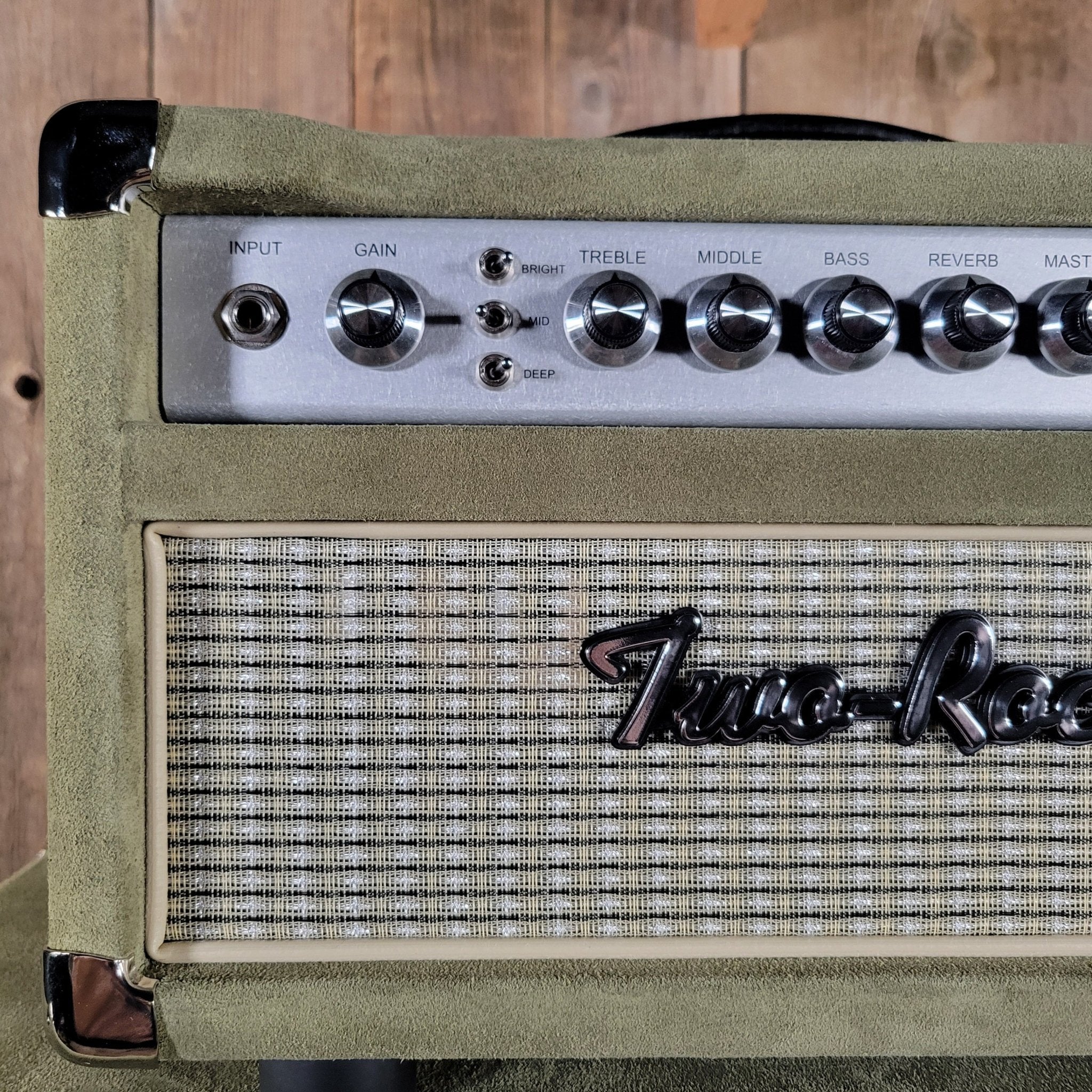 Two Rock NEW Studio Signature head and 1x12 open back cabinet, silver anodize, moss green suede, vintage beige cloth NEW 2025 - Mahar's Vintage Guitars