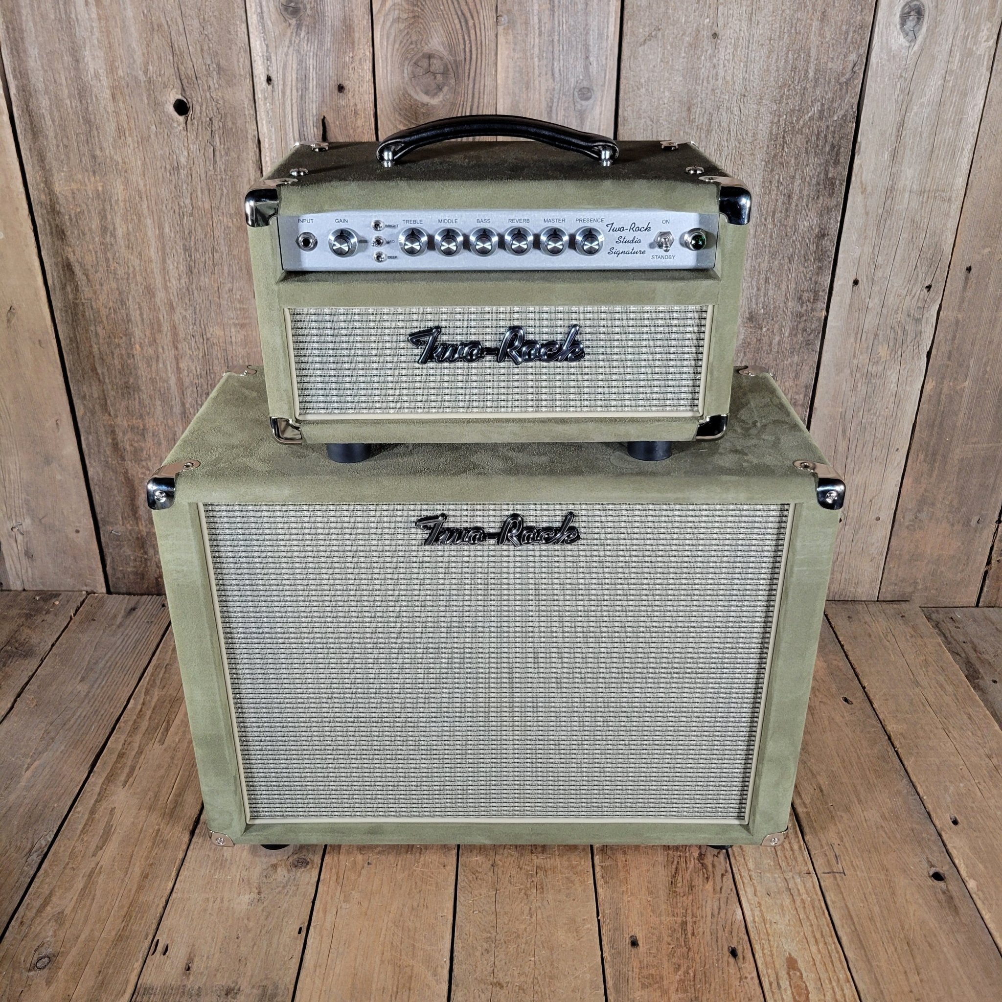 Two Rock NEW Studio Signature head and 1x12 open back cabinet, silver anodize, moss green suede, vintage beige cloth NEW 2025 - Mahar's Vintage Guitars