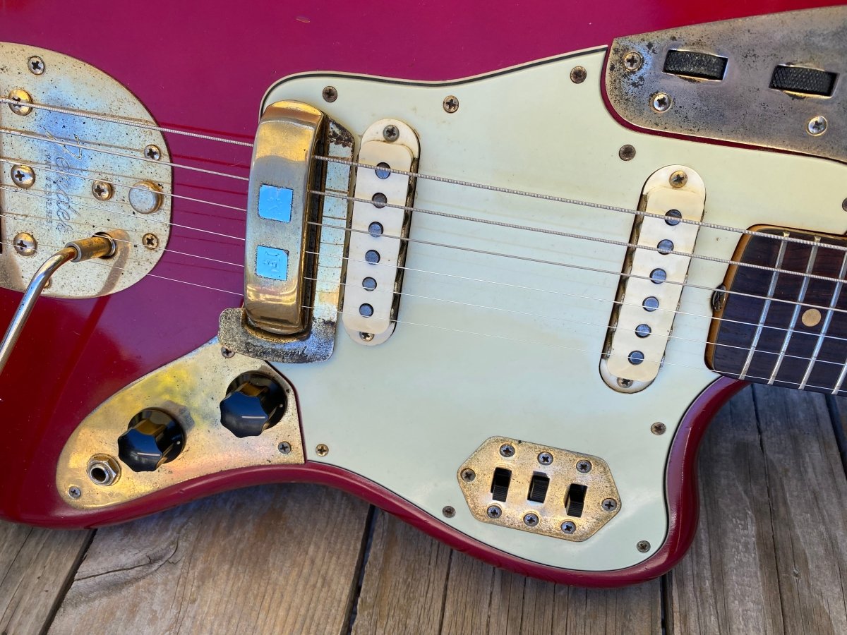 SOLD - Fender Jaguar 1964 Candy Apple Red with Gold Hardware! - Mahar's Vintage Guitars