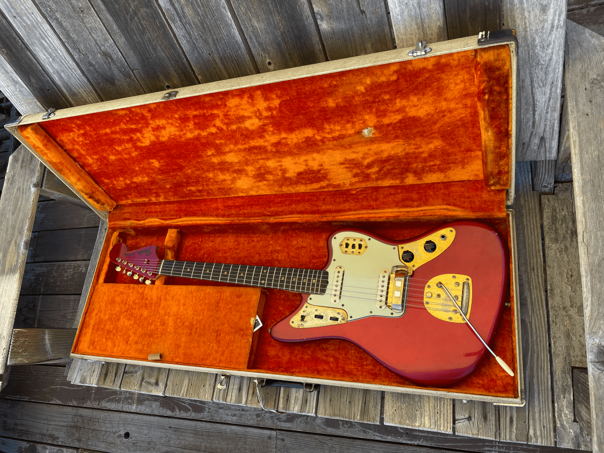 SOLD - Fender Jaguar 1964 Candy Apple Red with Gold Hardware! - Mahar's Vintage Guitars