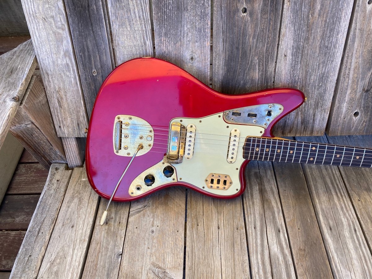 SOLD - Fender Jaguar 1964 Candy Apple Red with Gold Hardware! - Mahar's Vintage Guitars