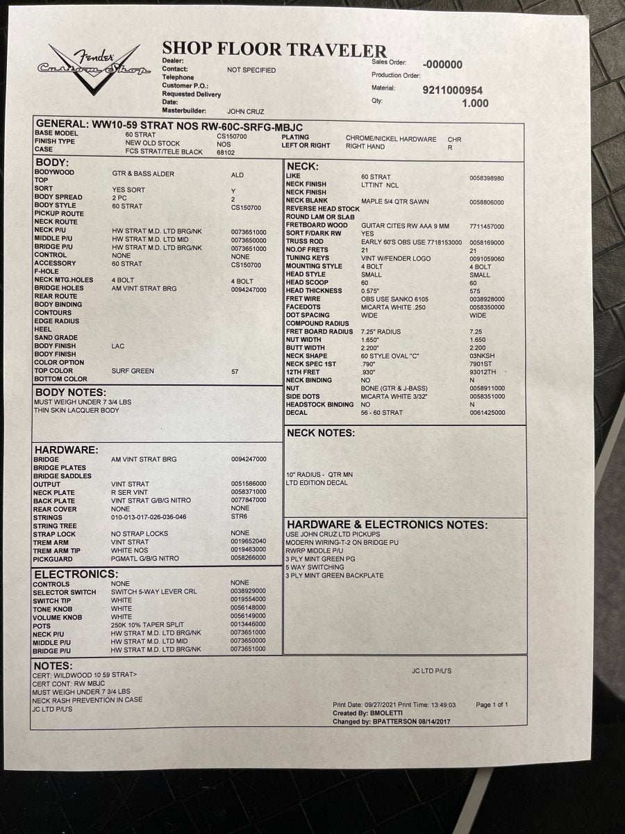 SOLD - Fender Stratocaster Wildwood 10 John Cruz Masterbuilt '59 NOS 2013 - Mahar's Vintage Guitars