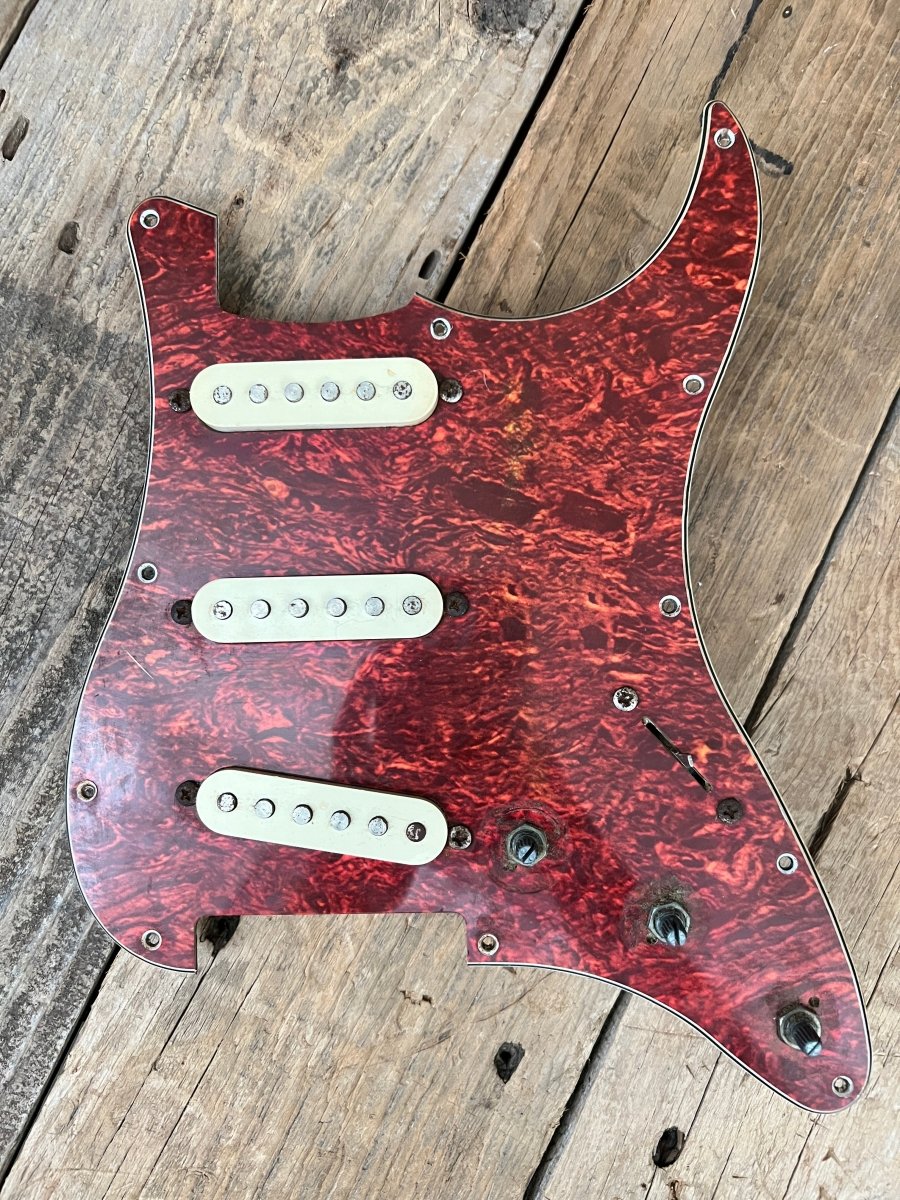 Squier Stratocaster pickups, harness on tortoise pickguard - Mahar's Vintage Guitars