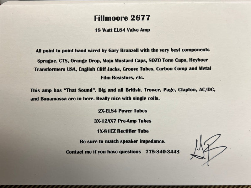 Branzell Fillmoore 2677 18w EL84 Hand Wired Guitar Amplifier - Mahar's Vintage Guitars