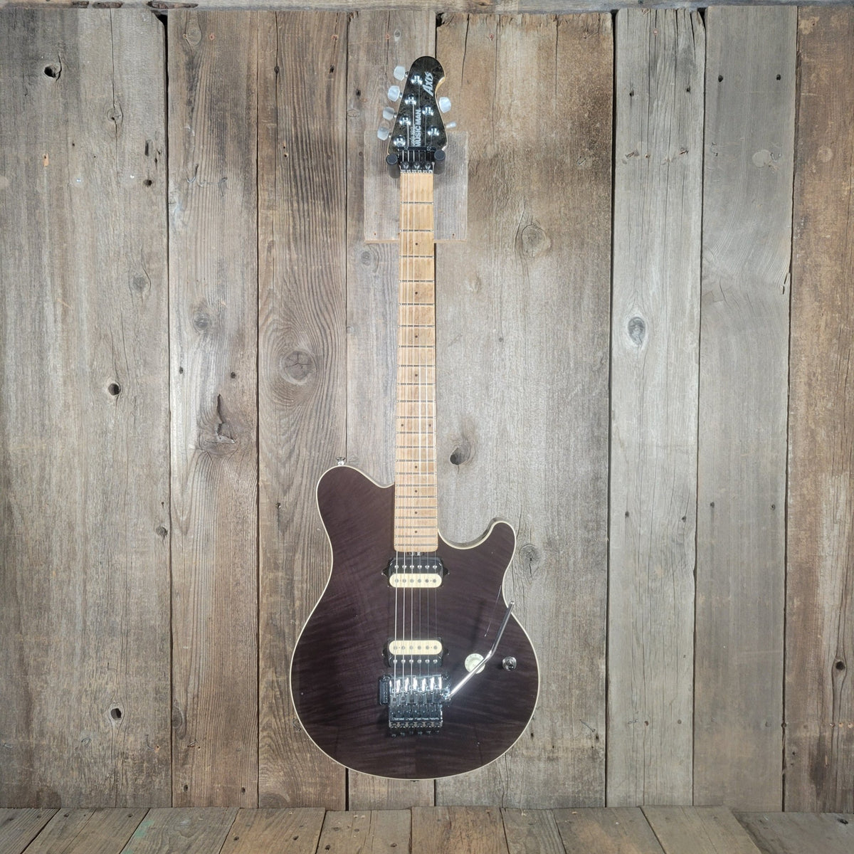Ernie Ball Music Man Axis 1997 with Floyd Rose Trem– Transparent Black Flame Top with Matching Headstock - Mahar's Vintage Guitars