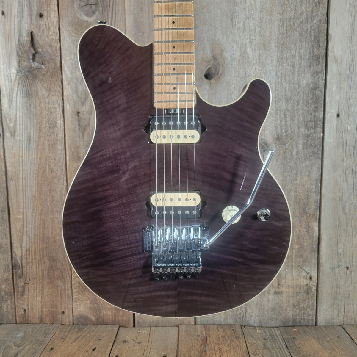 Ernie Ball Music Man Axis 1997 with Floyd Rose Trem– Transparent Black Flame Top with Matching Headstock - Mahar's Vintage Guitars