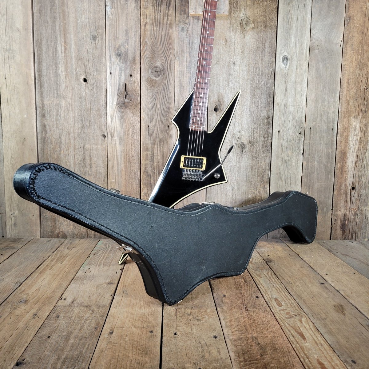 Hondo Death Dagger H - 1 1980s with original chip board case - Black - Mahar's Vintage Guitars