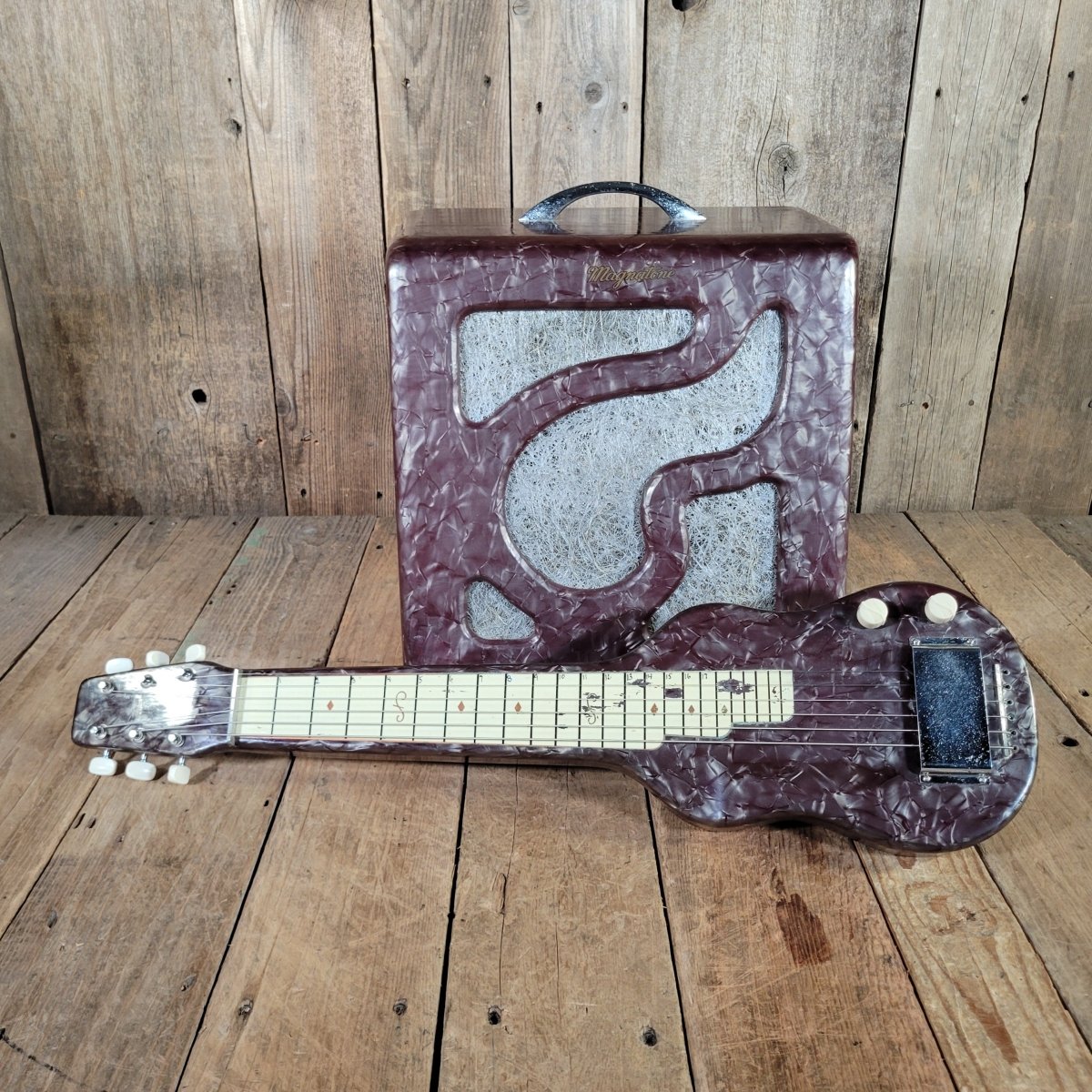 Magnatone 1951 Deluxe M - 195 - 5 - J Amp & Lap Steel Set Pearl Burgundy MOTS, Excellent - Mahar's Vintage Guitars