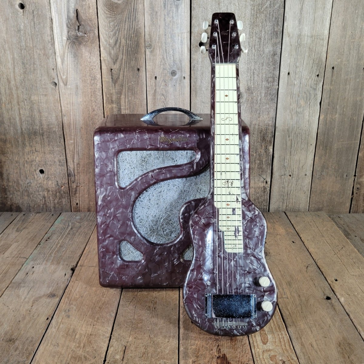 Magnatone 1951 Deluxe M - 195 - 5 - J Amp & Lap Steel Set Pearl Burgundy MOTS, Excellent - Mahar's Vintage Guitars