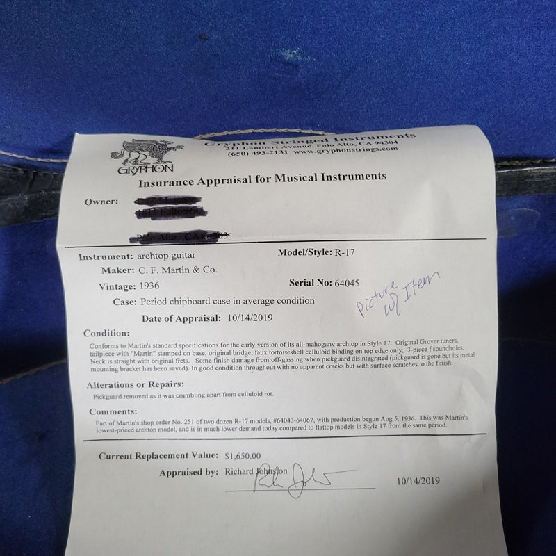 Martin R - 17 1936 Mahogany Archtop with Original Case - Mahar's Vintage Guitars