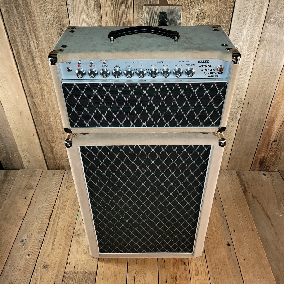 SOLD - Amplified Nation Steel String Sultan 75 - Watt Head 2x12 Cab Dogwood Suede 2020 - Mahar's Vintage Guitars