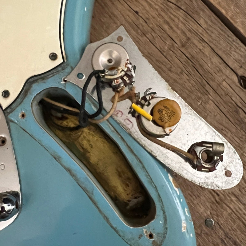 SOLD - Fender Mustang 1965 Mustang Blue Abigail Ybarra wound pickups - Mahar's Vintage Guitars