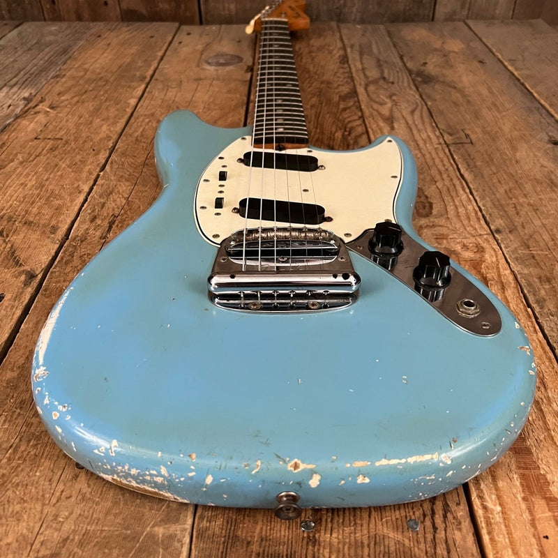 SOLD - Fender Mustang 1965 Mustang Blue Abigail Ybarra wound pickups - Mahar's Vintage Guitars