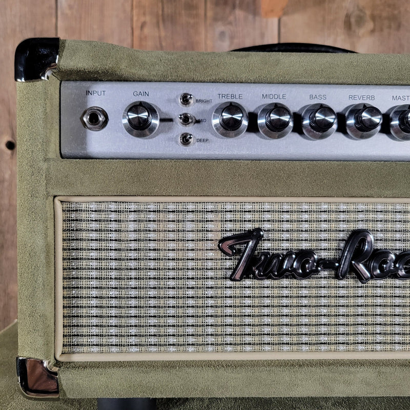 Two Rock NEW Studio Signature head and 1x12 open back cabinet, silver anodize, moss green suede, vintage beige cloth NEW 2025 - Mahar's Vintage Guitars